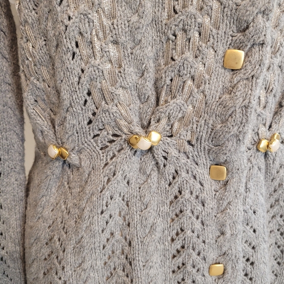 Leifsdottir Silk Wool Gray Cable Knit Sweater with Gold Accents Large - Picture 3 of 9